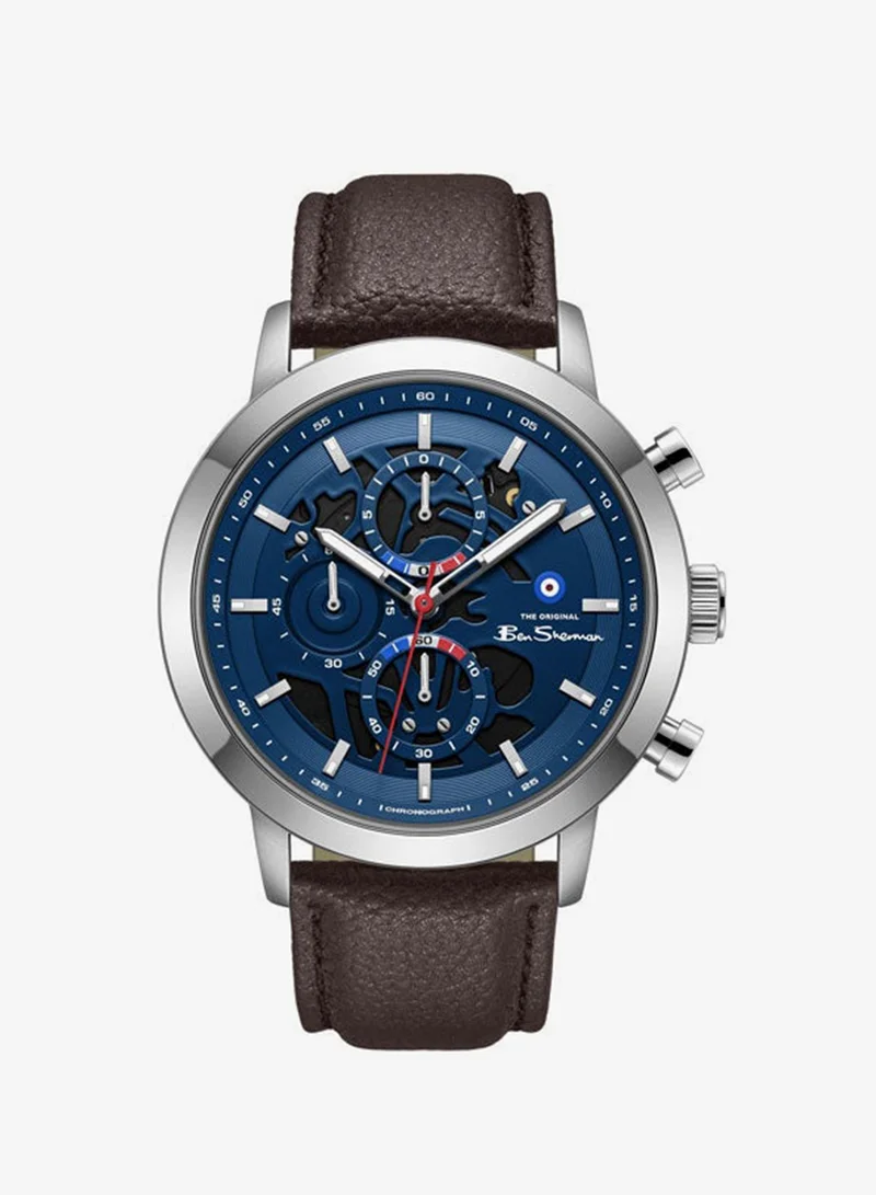 بين شيرمان Nottingham Blue Dial Silver Genuine Leather Strap Chronograph Watch for Men, 44mm