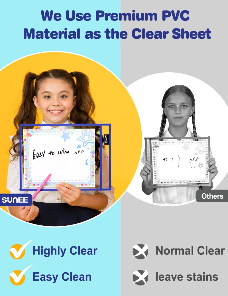 SUNEE 30 Packs Oversized Reusable Dry Erase Pocket Sleeves with 2 Rings, 10 Assorted Colors 10x14 Ticket Holders, Clear Plastic Sheet Protectors, Teacher School Classroom Supplies - Image 4