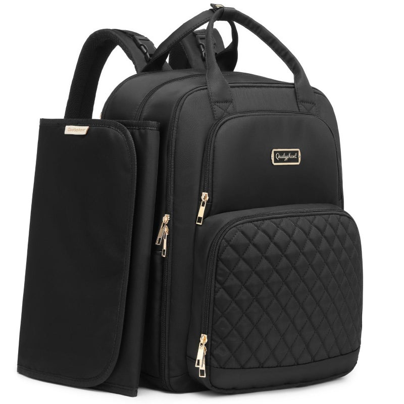 Qualyphant Extra Large Diaper Bag Backpack for 2 Kids Twins Expandable Diaper Bag 3038L Travel Baby Backpack with Changing Pad for Mom Dad Quilted Water Resistant Black - Image 2