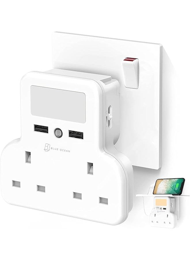 BLUE OCEAN BLUE OCEAN Extension Plug, Double Plug Adaptor with 2 USB Charging ports, Multi Plug Socket Extensions, Plug Adapter, Wall Socket Plugs with Shelf & Adjustable Night Light for Home Office Kitchen  - Image 1