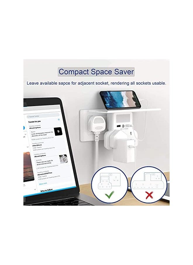 BLUE OCEAN BLUE OCEAN Extension Plug, Double Plug Adaptor with 2 USB Charging ports, Multi Plug Socket Extensions, Plug Adapter, Wall Socket Plugs with Shelf & Adjustable Night Light for Home Office Kitchen  - Image 2