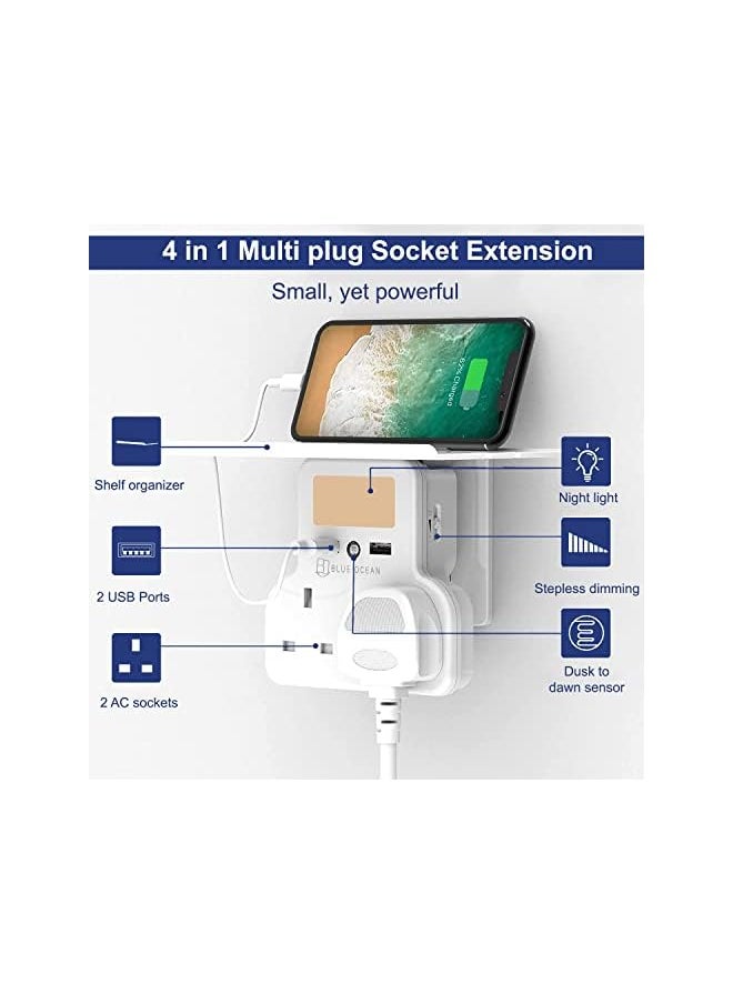BLUE OCEAN BLUE OCEAN Extension Plug, Double Plug Adaptor with 2 USB Charging ports, Multi Plug Socket Extensions, Plug Adapter, Wall Socket Plugs with Shelf & Adjustable Night Light for Home Office Kitchen  - Image 4