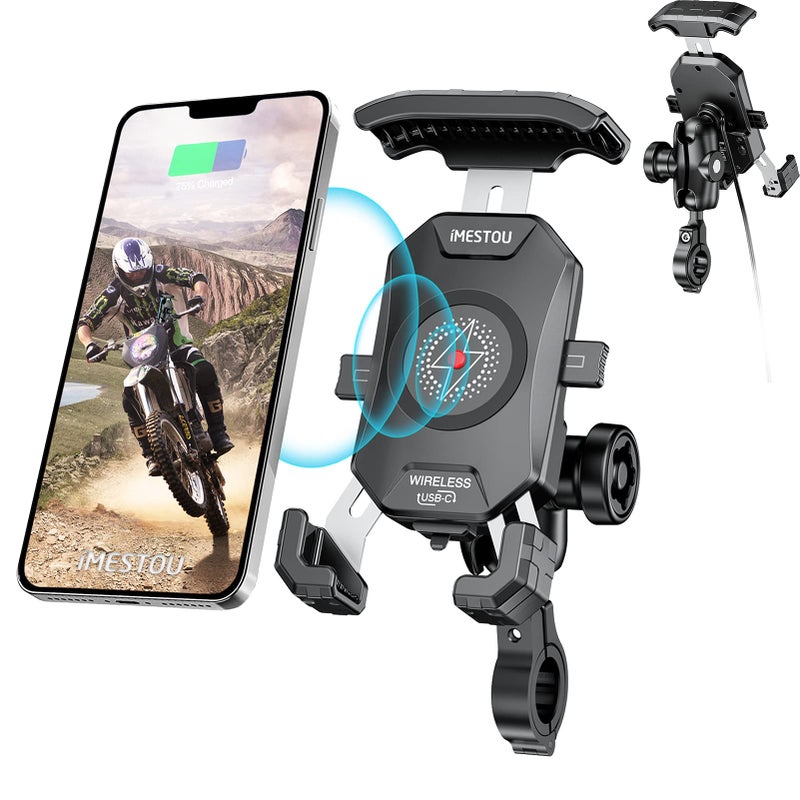 iMESTOU Anti-Theft Motorcycle Wireless Phone Mount Charger 15W & USB C 3A Handlebar 1" Ball Phone Holder Works with 12V/24V Vehicle/USB A Socket 720 Rotation Quick Charge for 4.0-7.0" Cellphones - Image 1