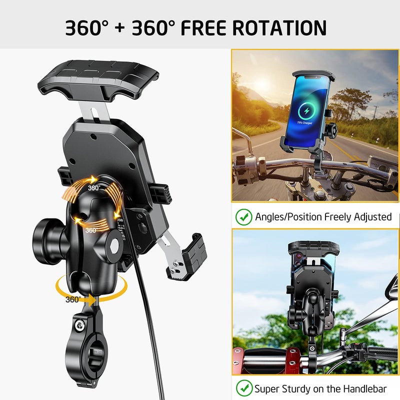 iMESTOU Anti-Theft Motorcycle Wireless Phone Mount Charger 15W & USB C 3A Handlebar 1" Ball Phone Holder Works with 12V/24V Vehicle/USB A Socket 720 Rotation Quick Charge for 4.0-7.0" Cellphones - Image 4