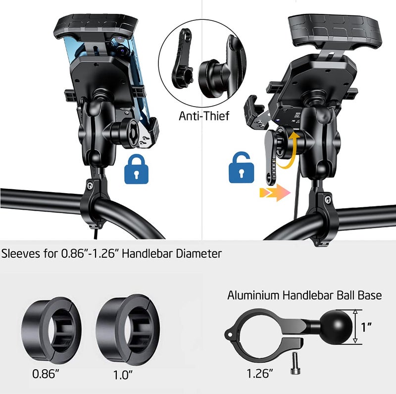 iMESTOU Anti-Theft Motorcycle Wireless Phone Mount Charger 15W & USB C 3A Handlebar 1" Ball Phone Holder Works with 12V/24V Vehicle/USB A Socket 720 Rotation Quick Charge for 4.0-7.0" Cellphones - Image 3