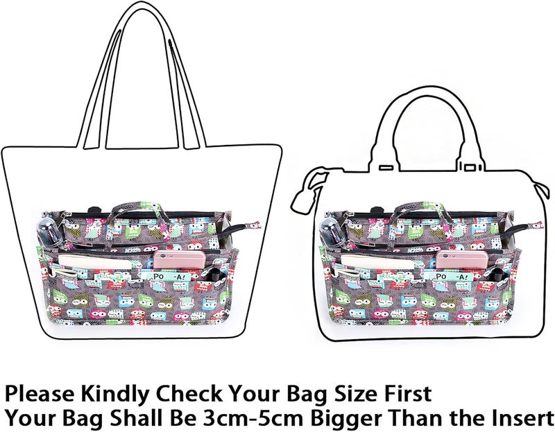 BTSKY منظم حقائب اليد للطباعة داخل الحقيبة - حقيبة توت بسعة عالية 13 جيب مع مقبض (بومة) - Image 4