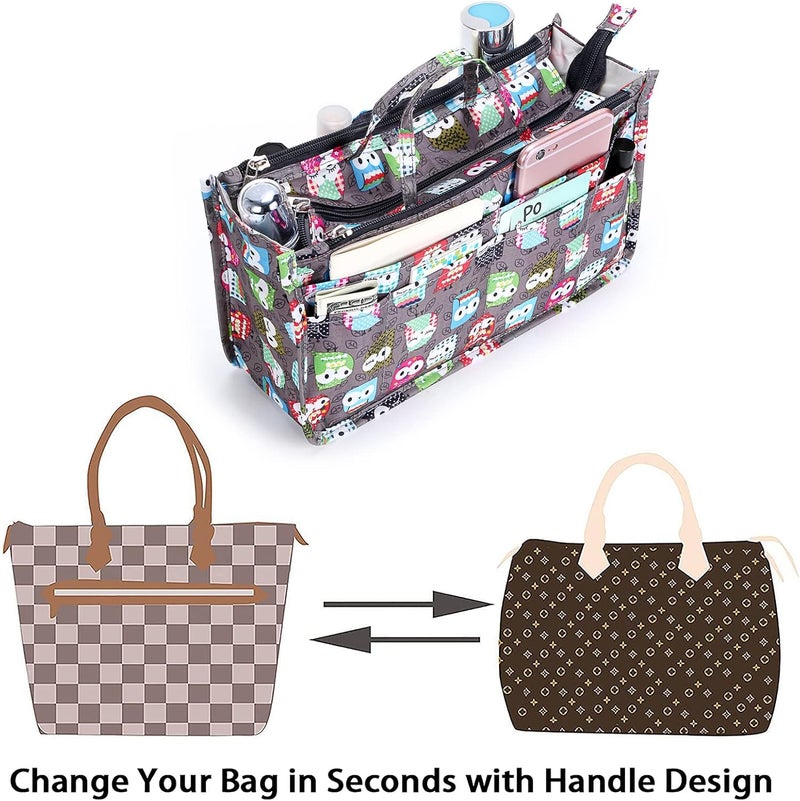 BTSKY منظم حقائب اليد للطباعة داخل الحقيبة - حقيبة توت بسعة عالية 13 جيب مع مقبض (بومة) - Image 5