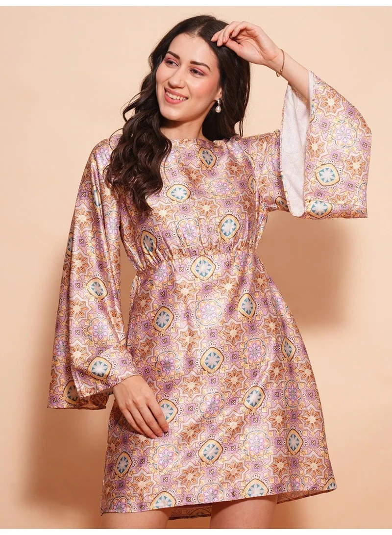 globus Globus Women Printed Flared Sleeve Satin Sheath Mini Party Dress