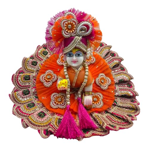 Vrindavanstore.in Premium Orange & Pink Laddu Gopal Poshak | Patch Work Poshak with Includes Pagdi, Patka & Choli Suitable for Bal Gopal | Ideal for Janmashtami,Shawan & Raksha Bandhan (Size 02) - Image 1