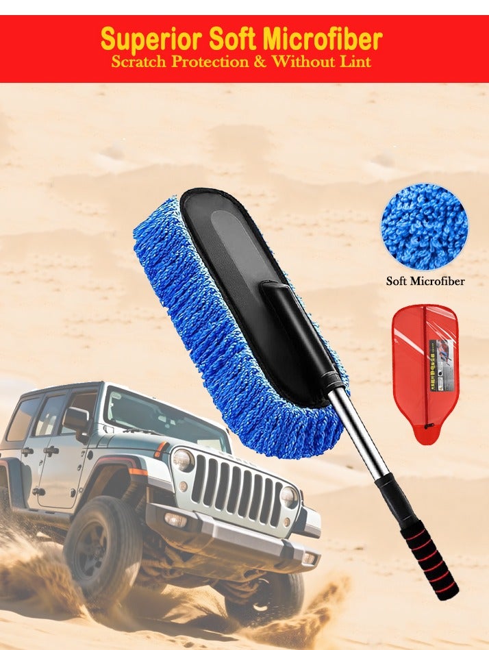 منفضة سيارة، مقبض طويل قابل للتمديد من الألياف الدقيقة لتنظيف السيارة من الخارج بدون خدوش، فرشاة غبار السيارة للشاحنات والبيك اب وسيارات الدفع الرباعي والسيارات الترفيهية والدراجات النارية والقوارب وتنظيف المنزل (أزرق) - Image 1