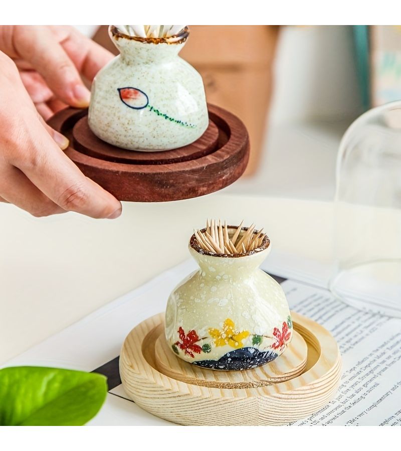 Vintage Ceramic Toothpick Holder With Lotus Design And 2 Packs Toothpicks - Image 5
