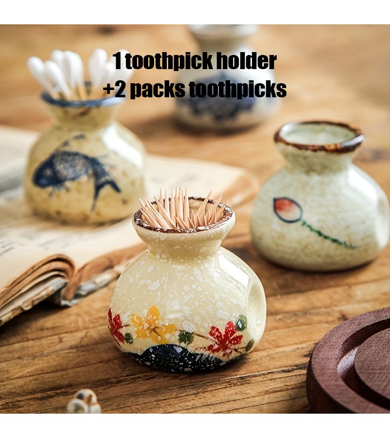 Vintage Ceramic Toothpick Holder With Lotus Design And 2 Packs Toothpicks - Image 1