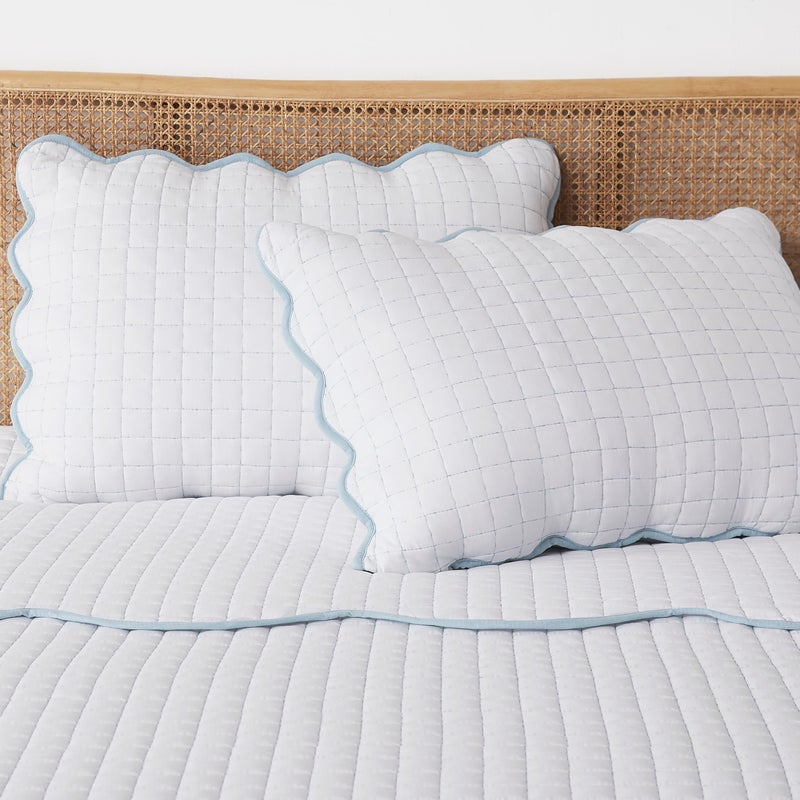 WDCOZY White King Size Quilt Bedding Set, Blue Scalloped Farmhouse Country Rustic Lightweight Soft Coverlet for All Season, Cute Cozy Kantha Pick Stitch Bedspread, 2 Pillow Shams - Image 5