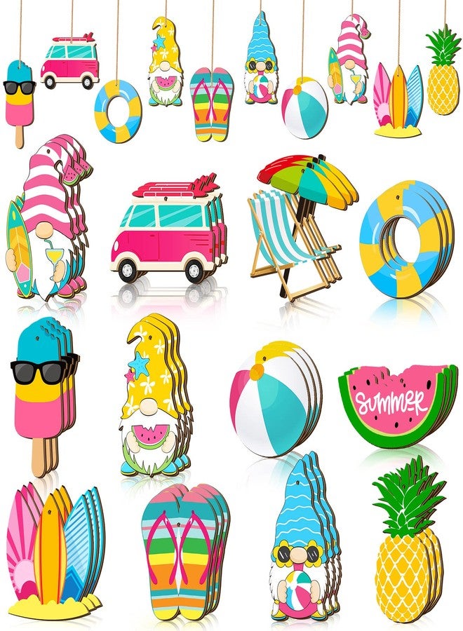 Geelin 36 Pcs Summer Wood Hanging Ornaments for Tree Mini Tree Decorations Hawaiian Beach Wooden Pendant Decorations with String for Luau Party Supplies(Cute Style) - Image 1