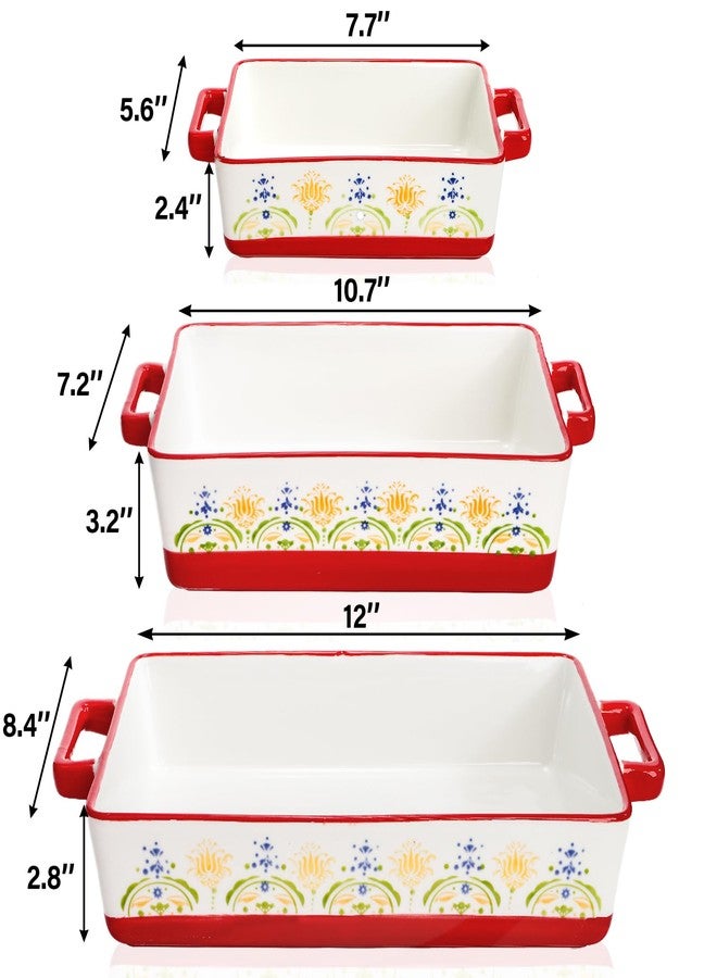 WRINGKIT Set of 3 Ceramic Baking Dishes, Rectangular Casserole Dish for Oven, Ceramic Bakeware Lasagna Pan Deep with Handles for Cooking, Baking, Wedding Gift, 3 Sizes (12''/10.7''/7.7''), Red - Image 2