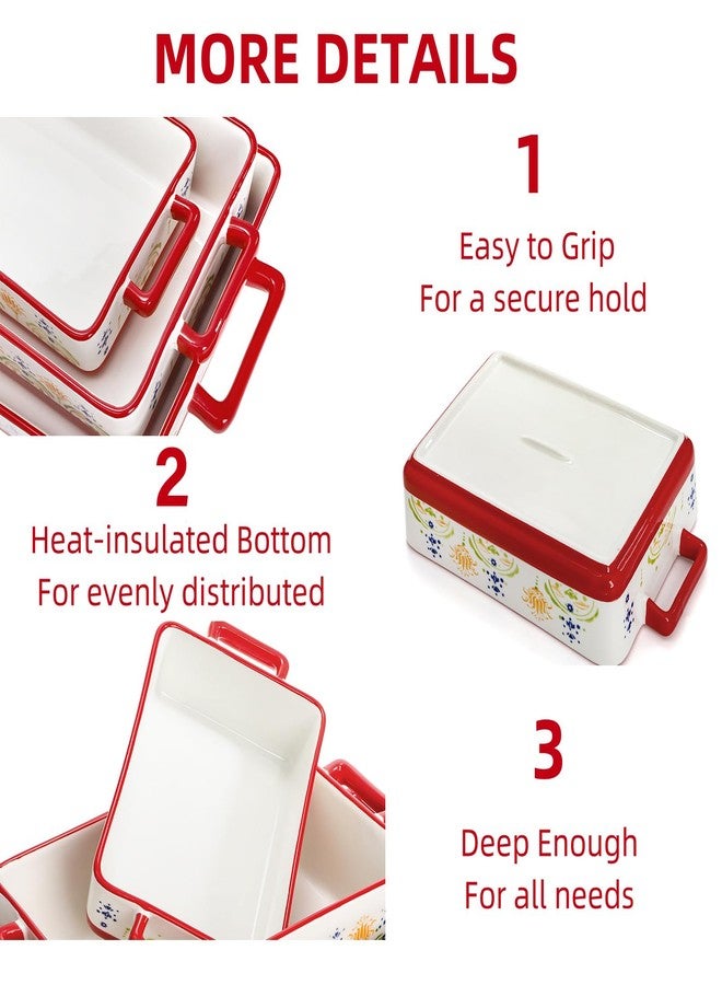 WRINGKIT Set of 3 Ceramic Baking Dishes, Rectangular Casserole Dish for Oven, Ceramic Bakeware Lasagna Pan Deep with Handles for Cooking, Baking, Wedding Gift, 3 Sizes (12''/10.7''/7.7''), Red - Image 3