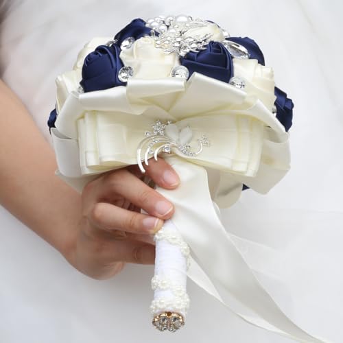 Flonding Wedding Bouquets Crystal Satin Rose Bride Bridal Bouquet Romantic Bridesmaid Holding Flower for Valentine's Day Confession Party Church Decor (Navy Creamy) - Image 3