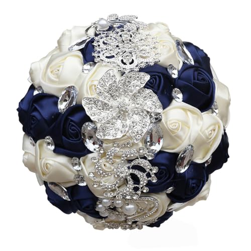 Flonding Wedding Bouquets Crystal Satin Rose Bride Bridal Bouquet Romantic Bridesmaid Holding Flower for Valentine's Day Confession Party Church Decor (Navy Creamy) - Image 1