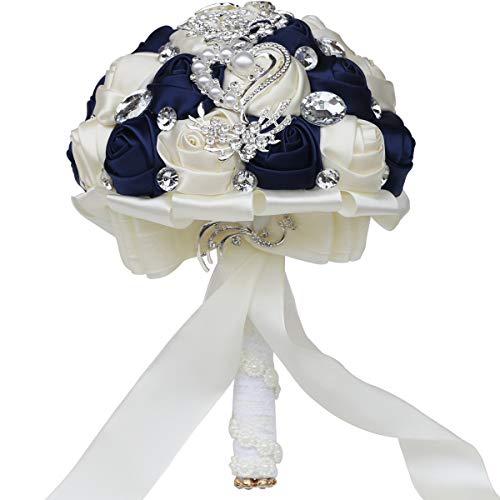 Flonding Wedding Bouquets Crystal Satin Rose Bride Bridal Bouquet Romantic Bridesmaid Holding Flower for Valentine's Day Confession Party Church Decor (Navy Creamy) - Image 5