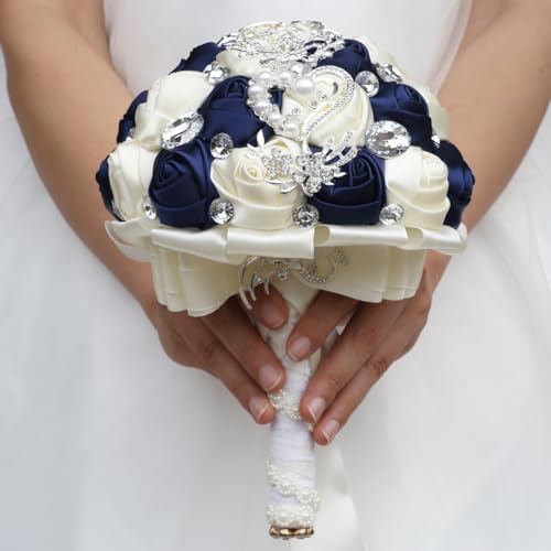 Flonding Wedding Bouquets Crystal Satin Rose Bride Bridal Bouquet Romantic Bridesmaid Holding Flower for Valentine's Day Confession Party Church Decor (Navy Creamy) - Image 2
