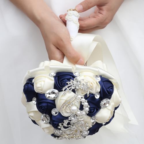 Flonding Wedding Bouquets Crystal Satin Rose Bride Bridal Bouquet Romantic Bridesmaid Holding Flower for Valentine's Day Confession Party Church Decor (Navy Creamy) - Image 4