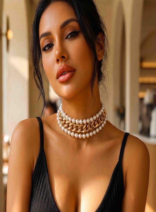 CLOACE Layered Pearl Choker Necklace Gold Chunky Link Chain Necklaces Thick Necklaces Punk Jewelry for Women and Girls(Gold Layered Chain) - Image 3