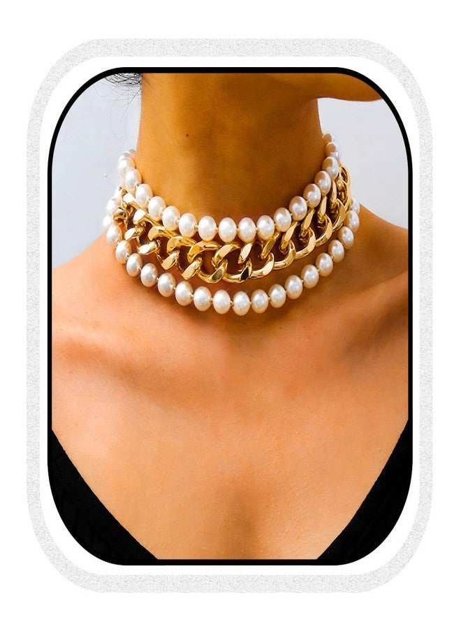 CLOACE Layered Pearl Choker Necklace Gold Chunky Link Chain Necklaces Thick Necklaces Punk Jewelry for Women and Girls(Gold Layered Chain) - Image 1