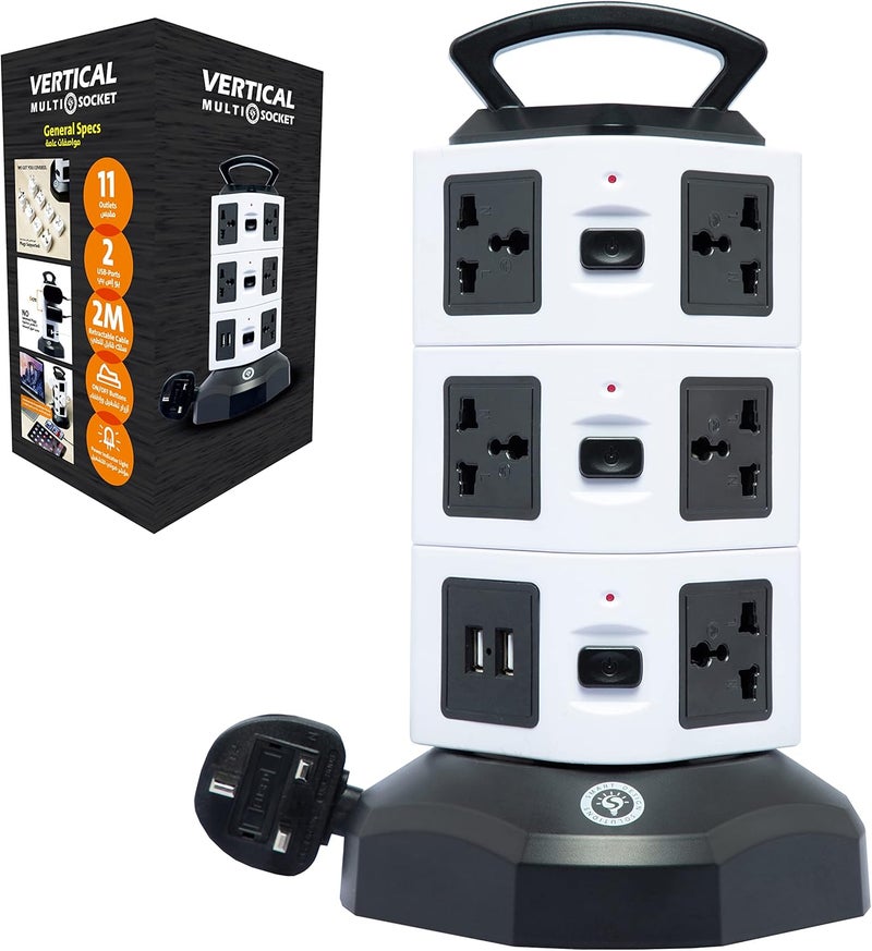 Smart Design Solutions Universal Extension Power Strip with Retractable 2m Cable, 2 USB-A Ports, Multi-Plug Socket, 2500W 13A, Compact Black & White Design - Image 1
