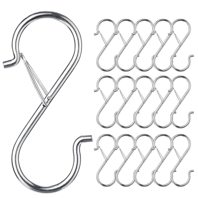 FSAH 17 Pcs S Hooks for Hanging Heavy Duty S Shaped Hooks Silver Kitchen Hooks S Hanger Hooks for Plants Pots Towels and Bags with Safety Buckle Design 35 Inch