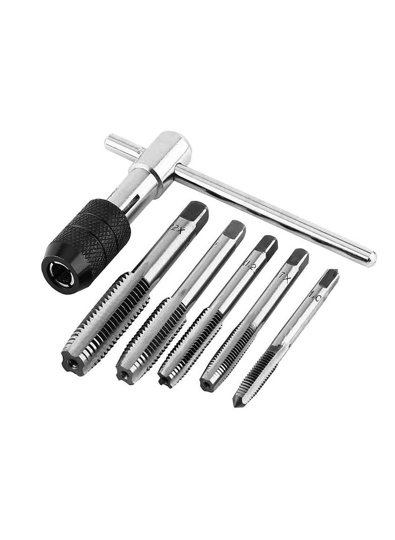 Yakumuz 6 Pcs Tap Wrench Tool Set, Yakumuz Adjustable T-Handle Ratchet Tap Holder Wrench Machine Screw Thread Metric Plug T-Taps with M3 M4 M5 M6 M8 Taps for Metal/Aluminum/Plastic/Wood - Image 1