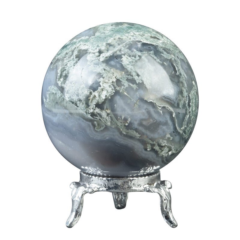 Crocon 45mm Moss Agate Stone Sphere Ball with Metal Stand 1400 Carats Gemstone Ball Healing Sphere Sculpture Figurine for Fengshui Divination Home Decoration Photography Crystal Sphere