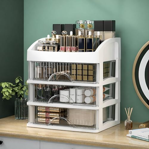 KREPS Countertop Makeup Organizer with Drawers Plastic Storage for Makeup Brush,Hair Accessories,Jewelry,Skincare Vanity Display Cases, Skin Care Products, Office Desk Organizer (3 Layer, White) - Image 2