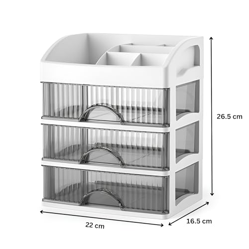 KREPS Countertop Makeup Organizer with Drawers Plastic Storage for Makeup Brush,Hair Accessories,Jewelry,Skincare Vanity Display Cases, Skin Care Products, Office Desk Organizer (3 Layer, White) - Image 3