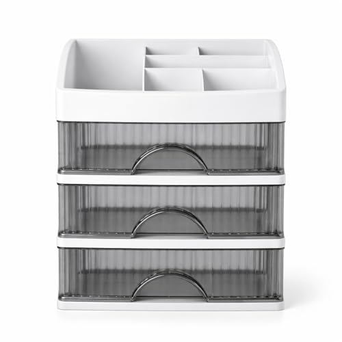 KREPS Countertop Makeup Organizer with Drawers Plastic Storage for Makeup Brush,Hair Accessories,Jewelry,Skincare Vanity Display Cases, Skin Care Products, Office Desk Organizer (3 Layer, White) - Image 1