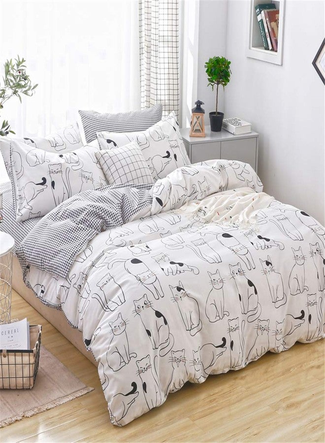 LAYENJOY Cats Duvet Cover Set Twin, 100% Cotton Bedding, Various Cartoon Cats Pattern Printed on White Reversible Black Plaid, Cute Animal Comforter Cover for Kids Teens Boys Girls, No Comforter - Image 2
