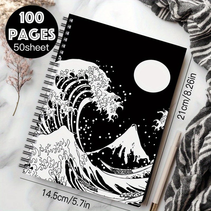 مفكرة حلزونية من 100 صفحة بتصميم الموجة اليابانية والشمس بالأبيض والأسود، دفتر يوميات بورق مسطر، ملاحظات عمل، هدية للأزواج، مجموعة سكرابوك، لوازم الحرف اليدوية، حزمة واحدة - Image 4