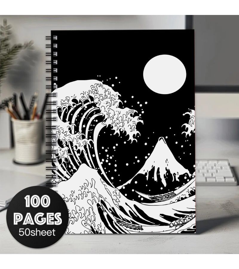 مفكرة حلزونية من 100 صفحة بتصميم الموجة اليابانية والشمس بالأبيض والأسود، دفتر يوميات بورق مسطر، ملاحظات عمل، هدية للأزواج، مجموعة سكرابوك، لوازم الحرف اليدوية، حزمة واحدة - Image 1