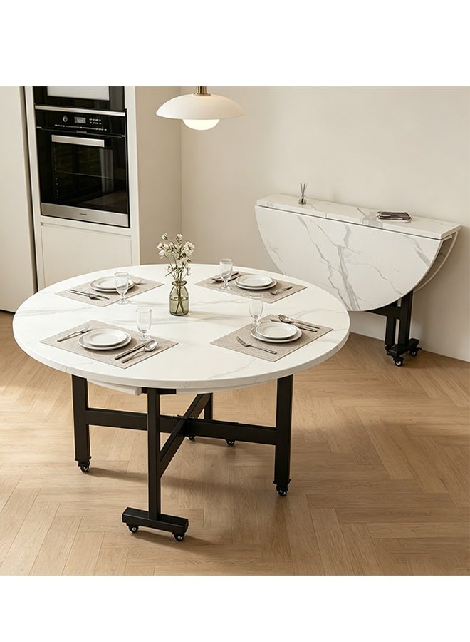 120cm Foldable Round Dining Table with Lockable Wheels, Modern Space Saving Mobile Kitchen Table for Home Living Room Small Apartment Family Use - Image 1