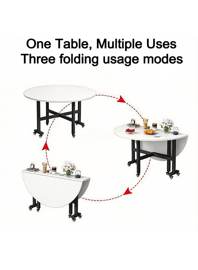 120cm Foldable Round Dining Table with Lockable Wheels, Modern Space Saving Mobile Kitchen Table for Home Living Room Small Apartment Family Use - Image 3