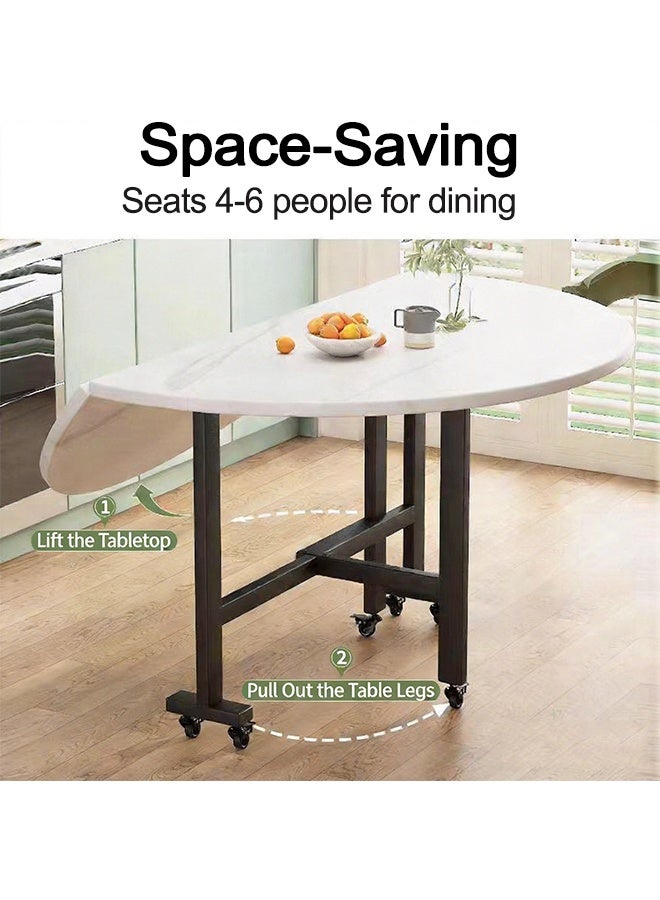 120cm Foldable Round Dining Table with Lockable Wheels, Modern Space Saving Mobile Kitchen Table for Home Living Room Small Apartment Family Use - Image 4