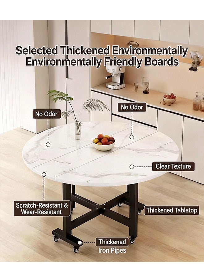 120cm Foldable Round Dining Table with Lockable Wheels, Modern Space Saving Mobile Kitchen Table for Home Living Room Small Apartment Family Use - Image 5