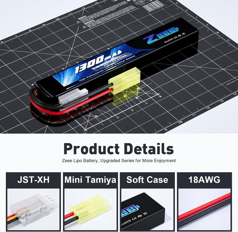 Zeee بطارية ليثيوم بوليمر 2S Airsoft سعة 1300mAh 7.4V 25C مع موصل ميني تاميا لبنادق Airsoft - Image 3