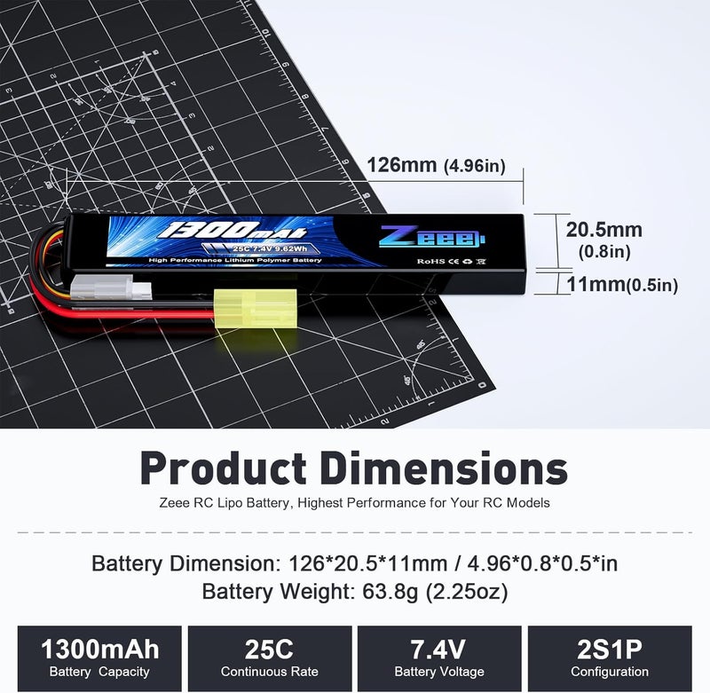 Zeee بطارية ليثيوم بوليمر 2S Airsoft سعة 1300mAh 7.4V 25C مع موصل ميني تاميا لبنادق Airsoft - Image 2