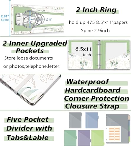 KLLVE 3 Ring Binder 2 Inch, Three Ring Binders Organizer with Clipboard, 5-Tabs Pockets Dividers, Plastic Folder, 18 Divider Stikers, KLLVE Cute Binder with Pen Loop (Leaves, Letter Size) - Image 4