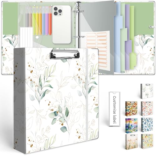 KLLVE 3 Ring Binder 2 Inch, Three Ring Binders Organizer with Clipboard, 5-Tabs Pockets Dividers, Plastic Folder, 18 Divider Stikers, KLLVE Cute Binder with Pen Loop (Leaves, Letter Size) - Image 1