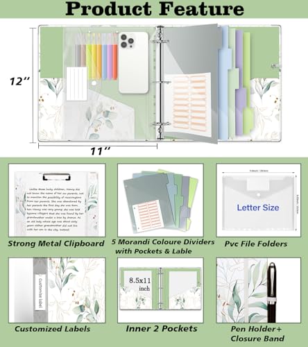 KLLVE 3 Ring Binder 2 Inch, Three Ring Binders Organizer with Clipboard, 5-Tabs Pockets Dividers, Plastic Folder, 18 Divider Stikers, KLLVE Cute Binder with Pen Loop (Leaves, Letter Size) - Image 2