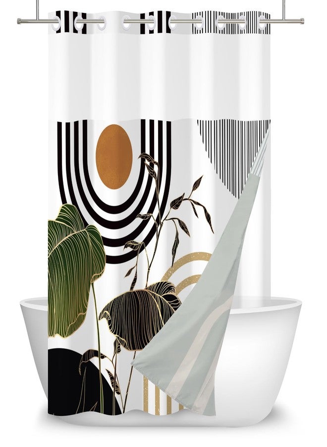 DASHAN Olive Green and Gold No Hook Shower Curtain with Snap in Liner Mid Century Boho Shower Curtains for Bathroom, Abstract Modern Bathroom Curtain Hotel Fabric Bath Curtains 71"x74" - Image 2