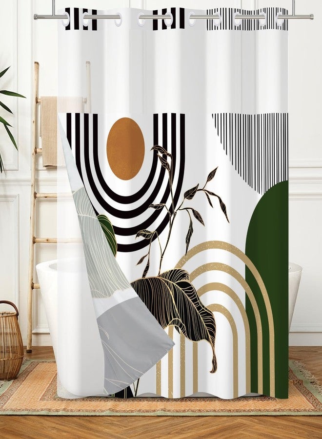 DASHAN Olive Green and Gold No Hook Shower Curtain with Snap in Liner Mid Century Boho Shower Curtains for Bathroom, Abstract Modern Bathroom Curtain Hotel Fabric Bath Curtains 71"x74" - Image 1