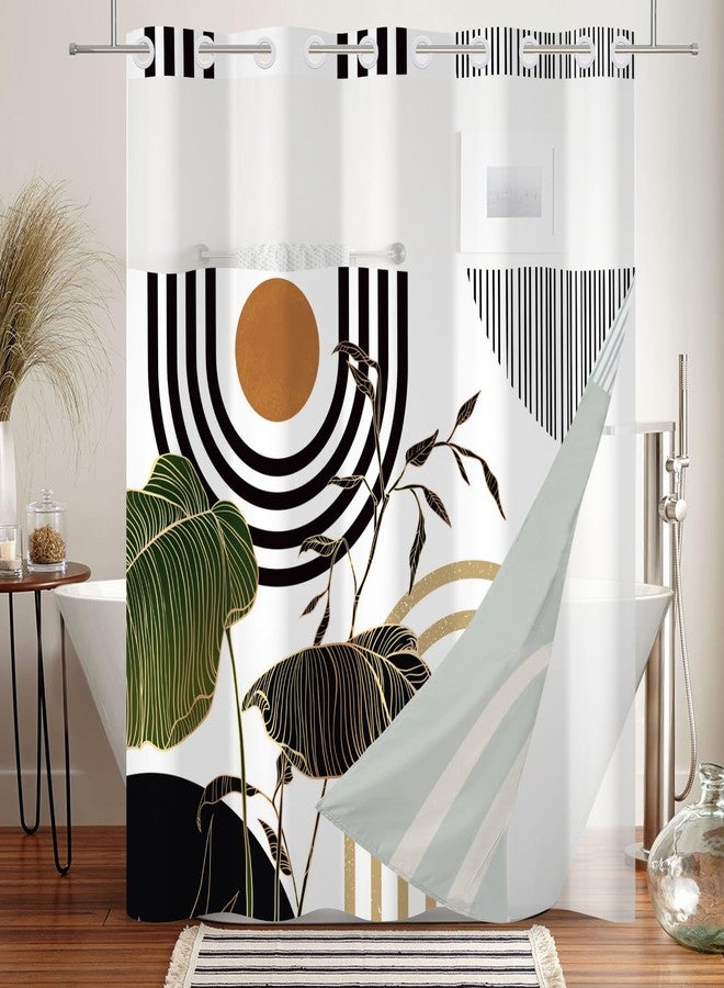 DASHAN Olive Green and Gold No Hook Shower Curtain with Snap in Liner Mid Century Boho Shower Curtains for Bathroom, Abstract Modern Bathroom Curtain Hotel Fabric Bath Curtains 71"x74" - Image 5