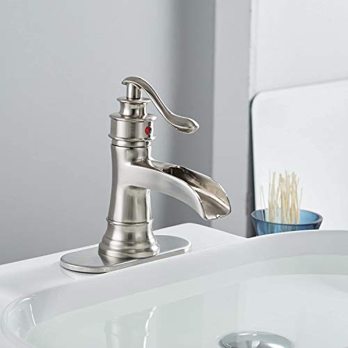 Bathfinesse Waterfall Bathroom Faucet Bathroom Sink Faucet Farmhouse Single Handle 1 Hole with Pop Up Drain Assembly Vanity Water Supply Hose, Brushed Nickel - Image 2